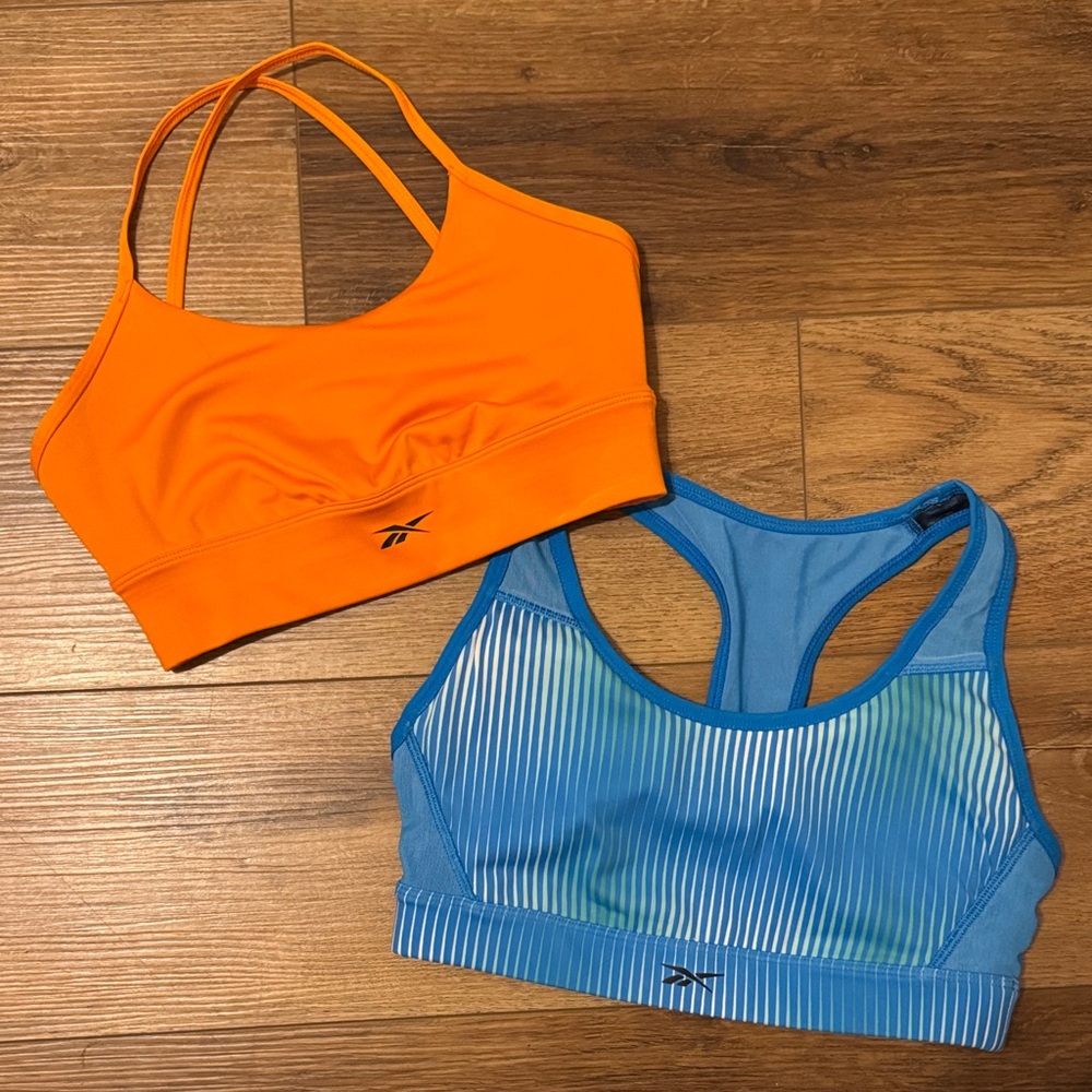 XS Reebok Vibrant Orange and Striped Blue Padded Sports Bras lot of 2